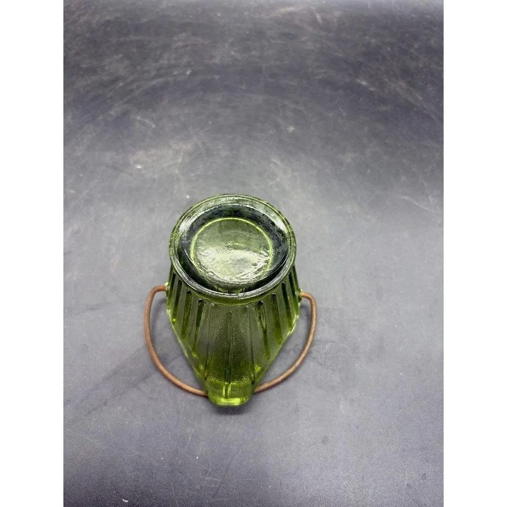Vintage Green Glass Coal Scuttle Bucket Miniature Toothpick Holder Ribbed Design